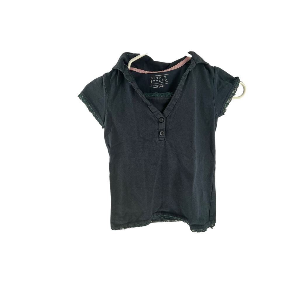 Simply Styled Girls Black Short Sleeve Lace Trim Polo Shirt Youth Size Medium